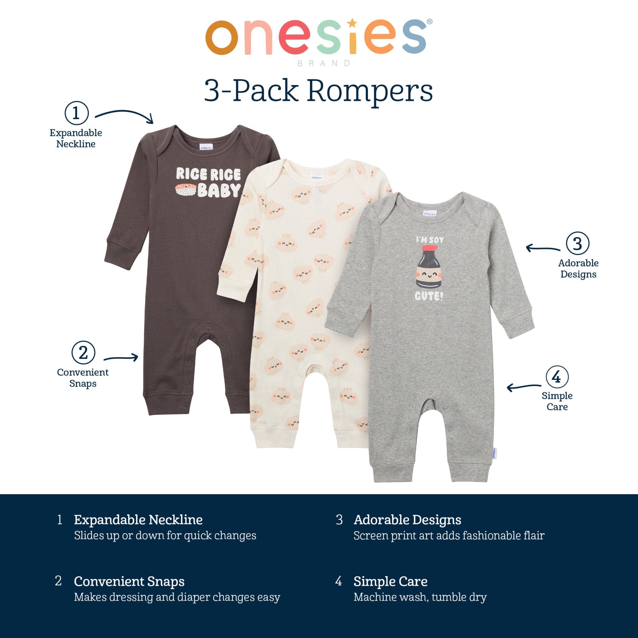 3-Pack Baby Neutral Soy Cute Lap Shoulder Rompers - Image 5