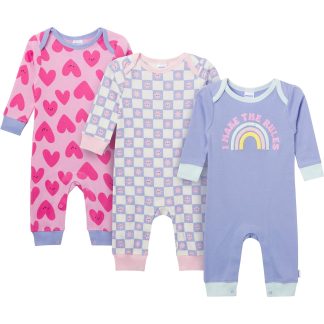 3-Pack Baby Girls Rainbows and Hearts Lap Shoulder Rompers