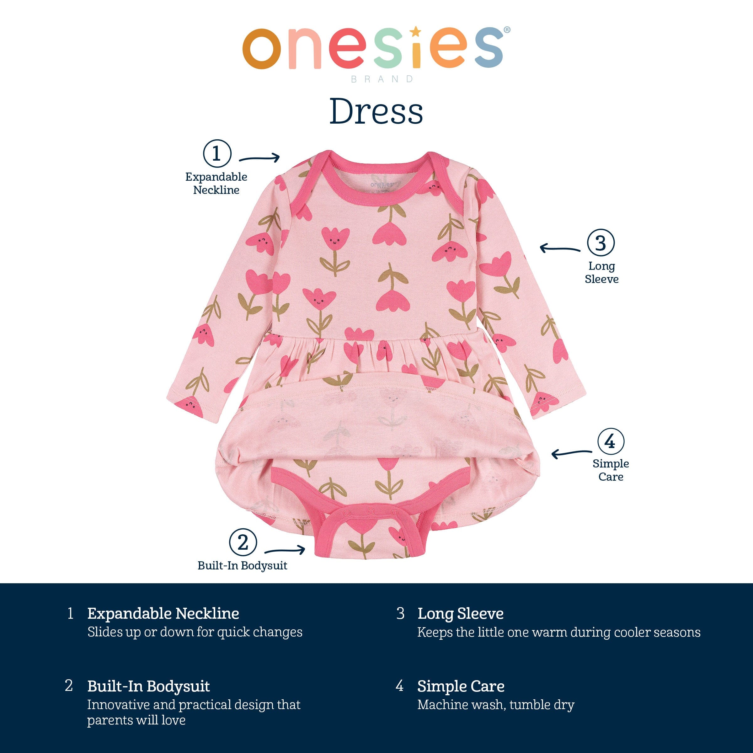 Baby Girls Pink Tulips Bodysuit Dress - Image 7