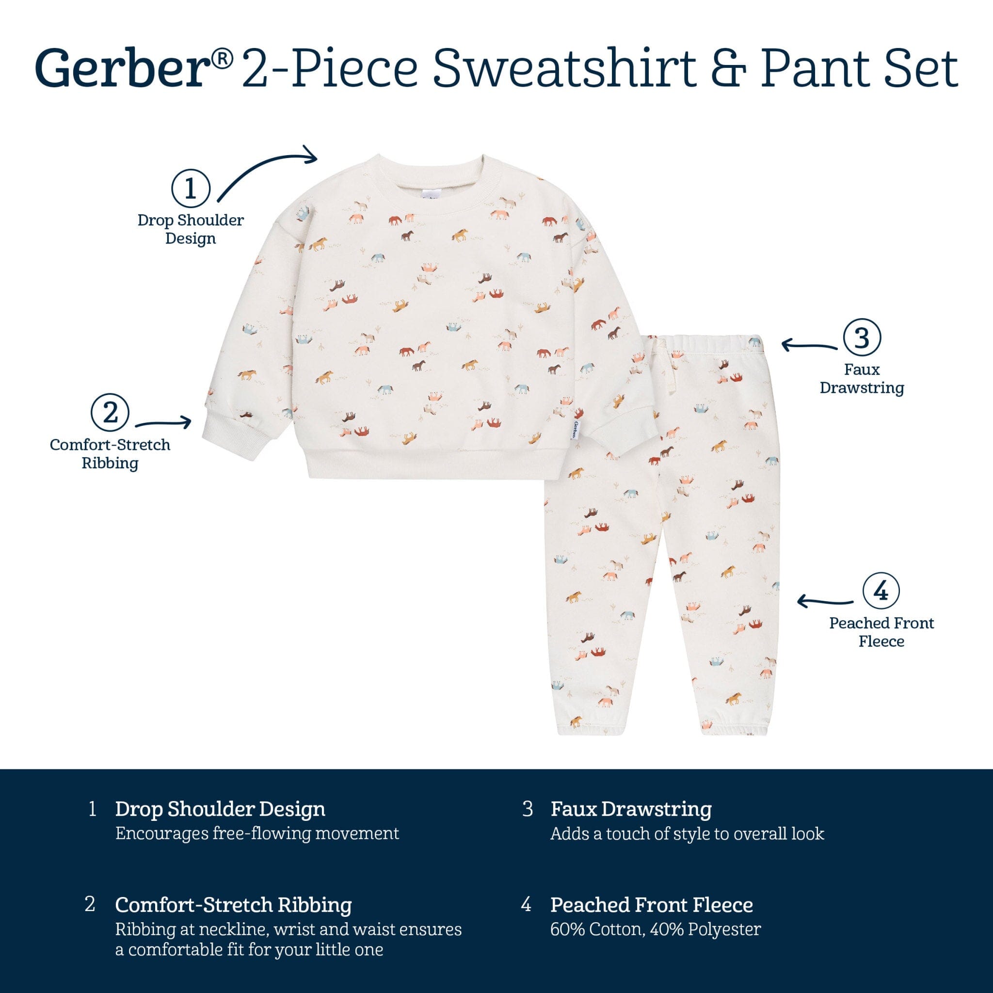 2-Piece Baby & Toddler Girls Colorful Horses Sweatshirt & Pant Set - Image 8