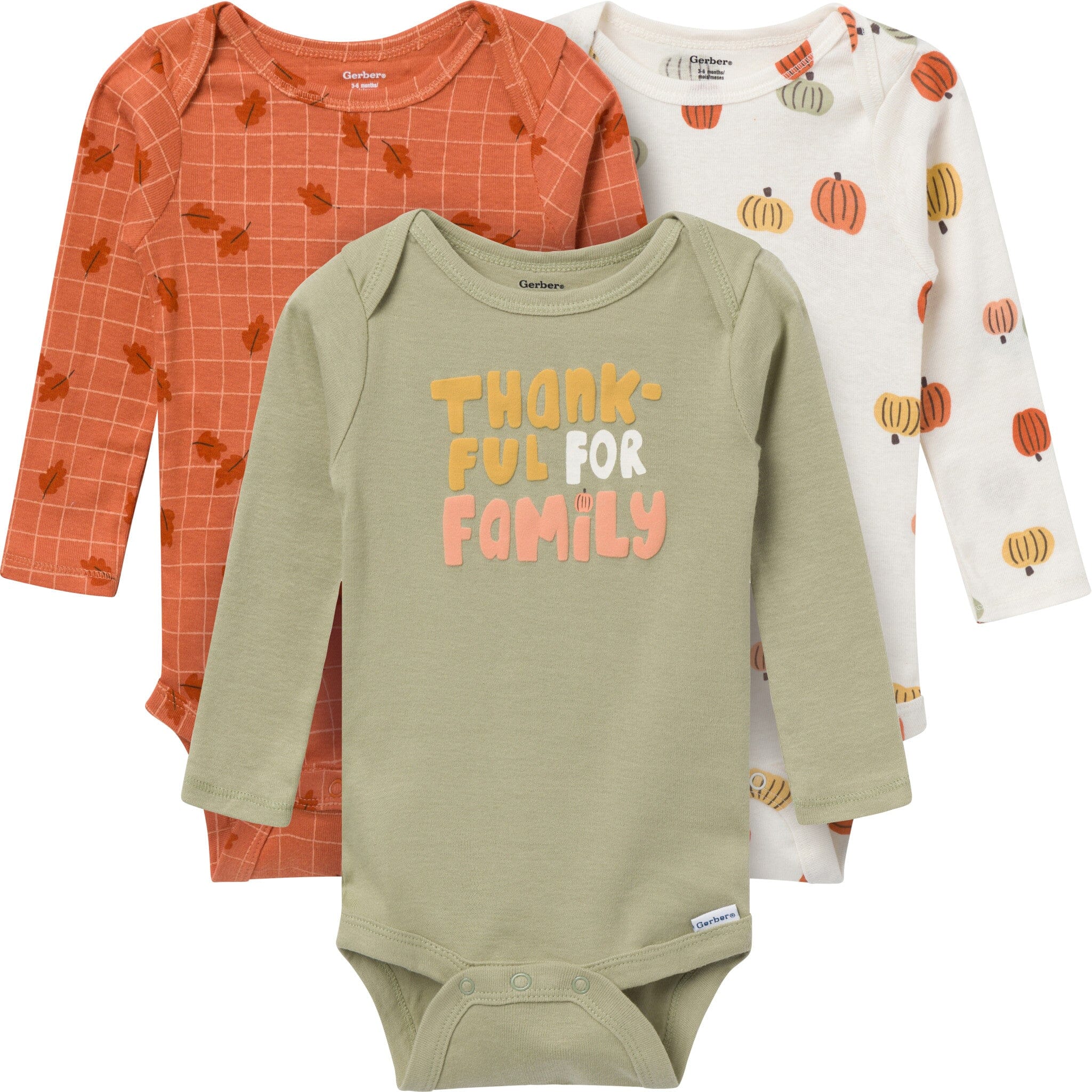 3-Pack Baby Neutral Thankful Long Sleeve Onesies® Bodysuits