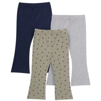 3-Pack Infant & Toddler Girls Green Daisies, Blue and Gray Ribbed Flare Leggings