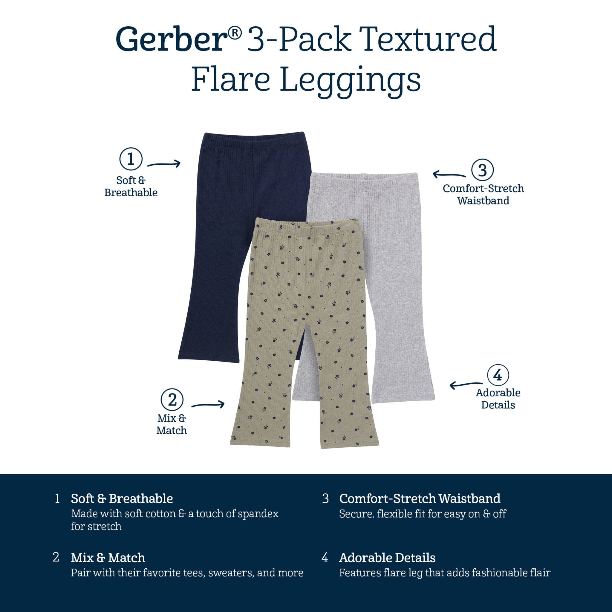 3-Pack Infant & Toddler Girls Green Daisies, Blue and Gray Ribbed Flare Leggings - Image 5