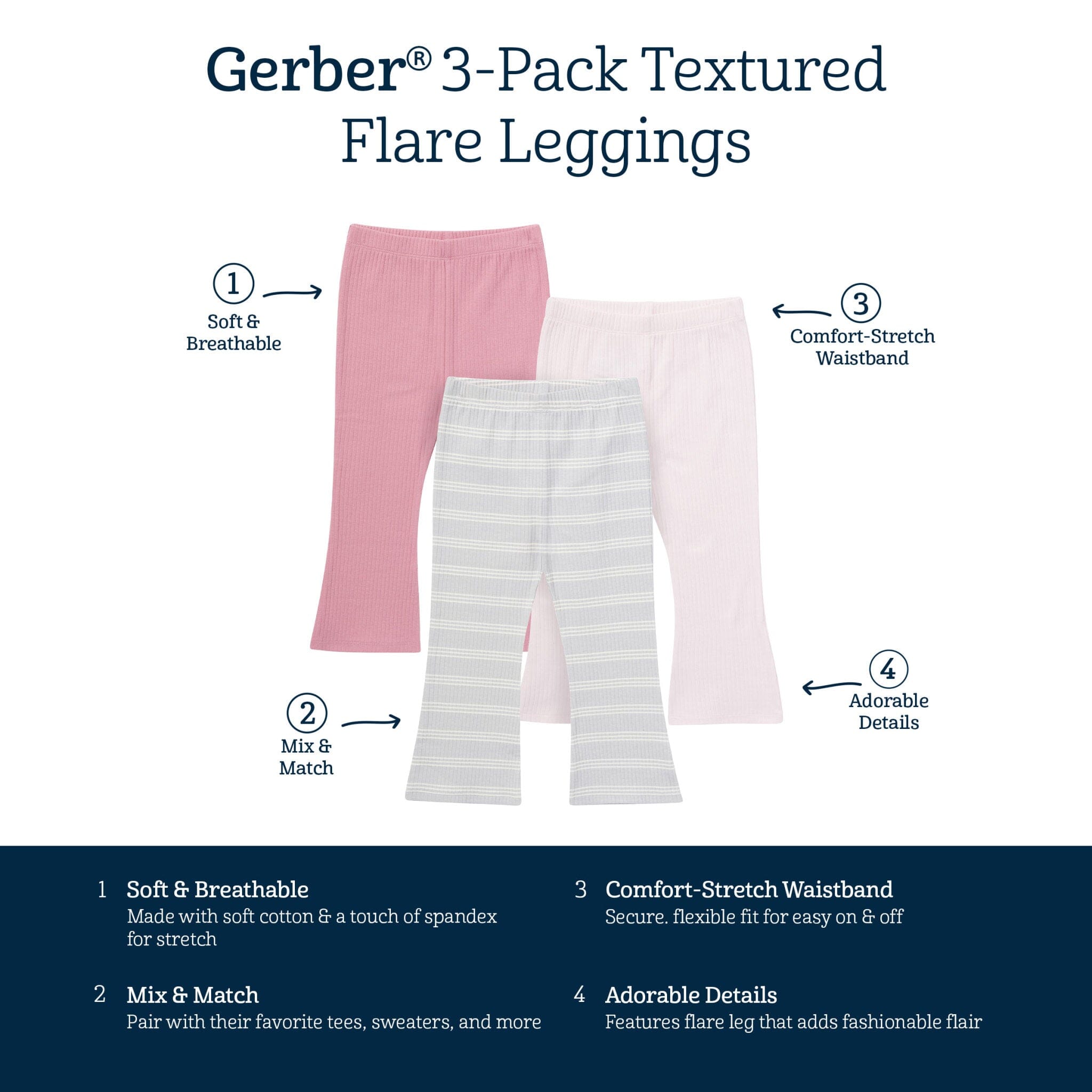 3-Pack Infant & Toddler Girls Gray and Pink Ribbed Flare Leggings - Image 5
