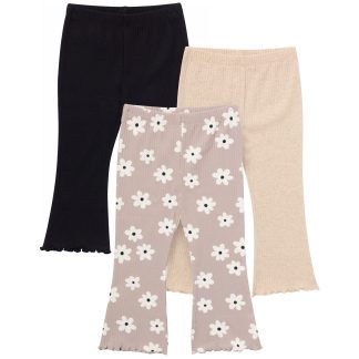 3-Pack Infant & Toddler Girls Brown Flowers, Oatmeal and Black Textured Flare Leggings