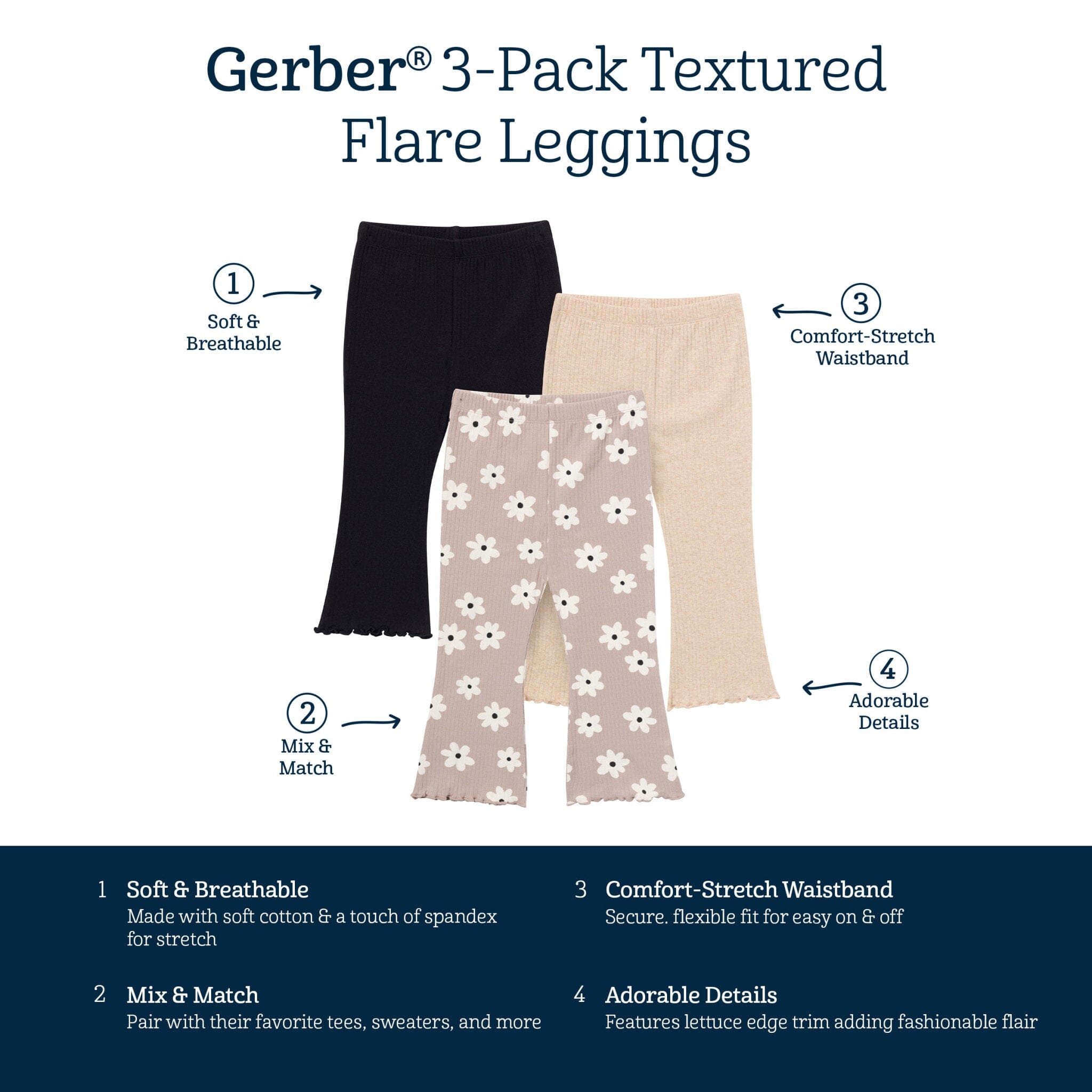 3-Pack Infant & Toddler Girls Brown Flowers, Oatmeal and Black Textured Flare Leggings - Image 5