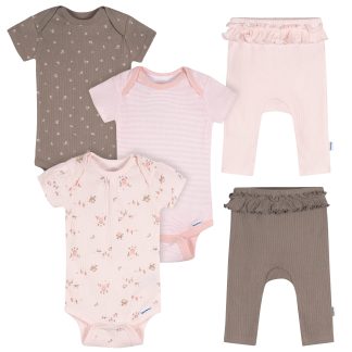 5-Piece Baby Girls Pink Garden Bodysuits & Pants Set