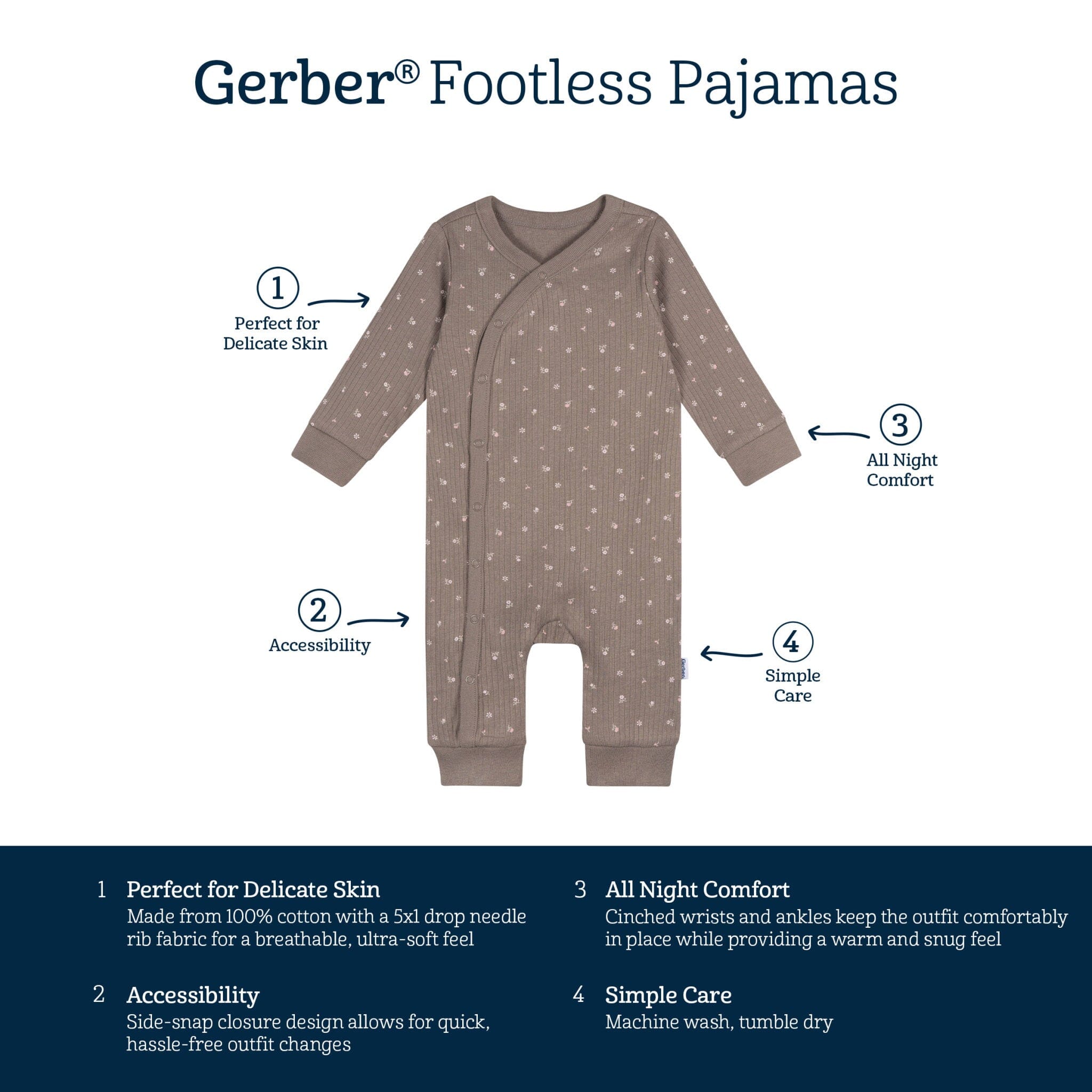 Baby Girls Brown Flowers Footless Pajamas - Image 8