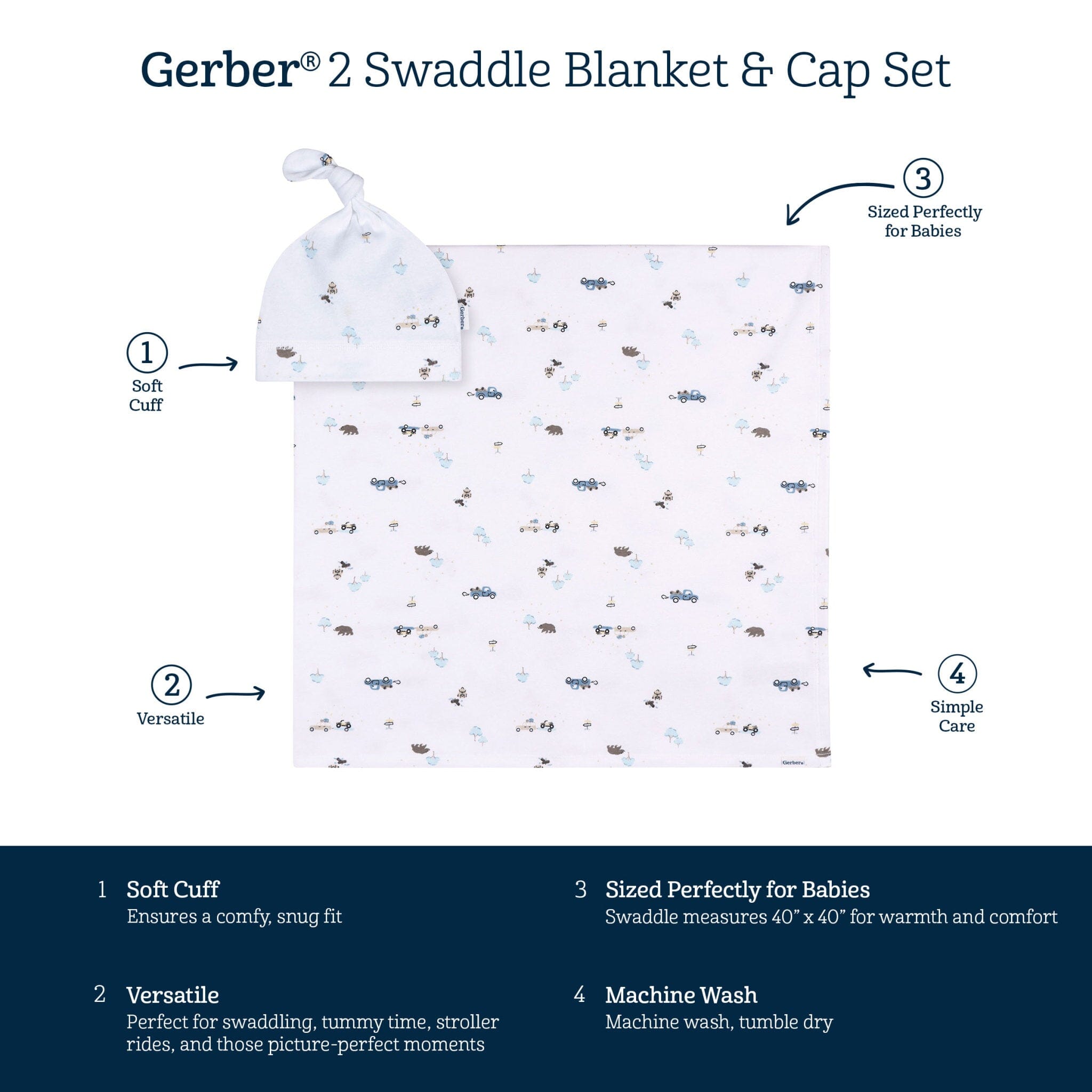 2-Piece Baby Boys Road Trip Swaddle and Cap Set - Image 5