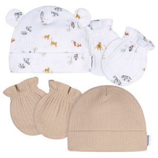 4-Piece Baby Neutral Safari Cap and Mitten Set