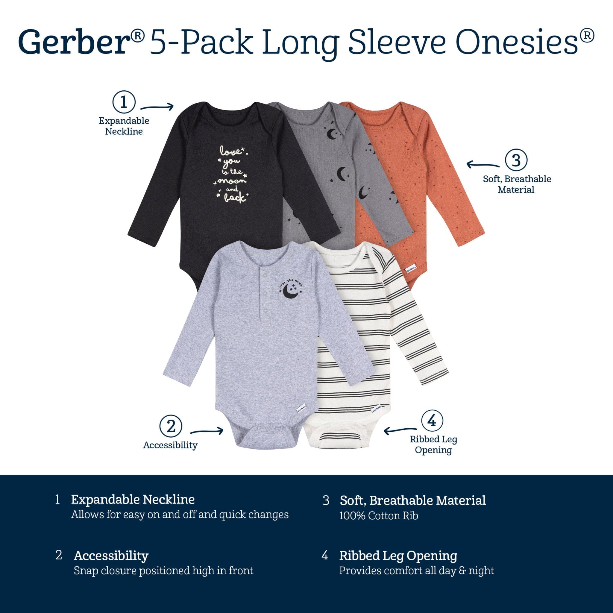 5-Pack Baby Boys Moons Long Sleeve Bodysuits - Image 8