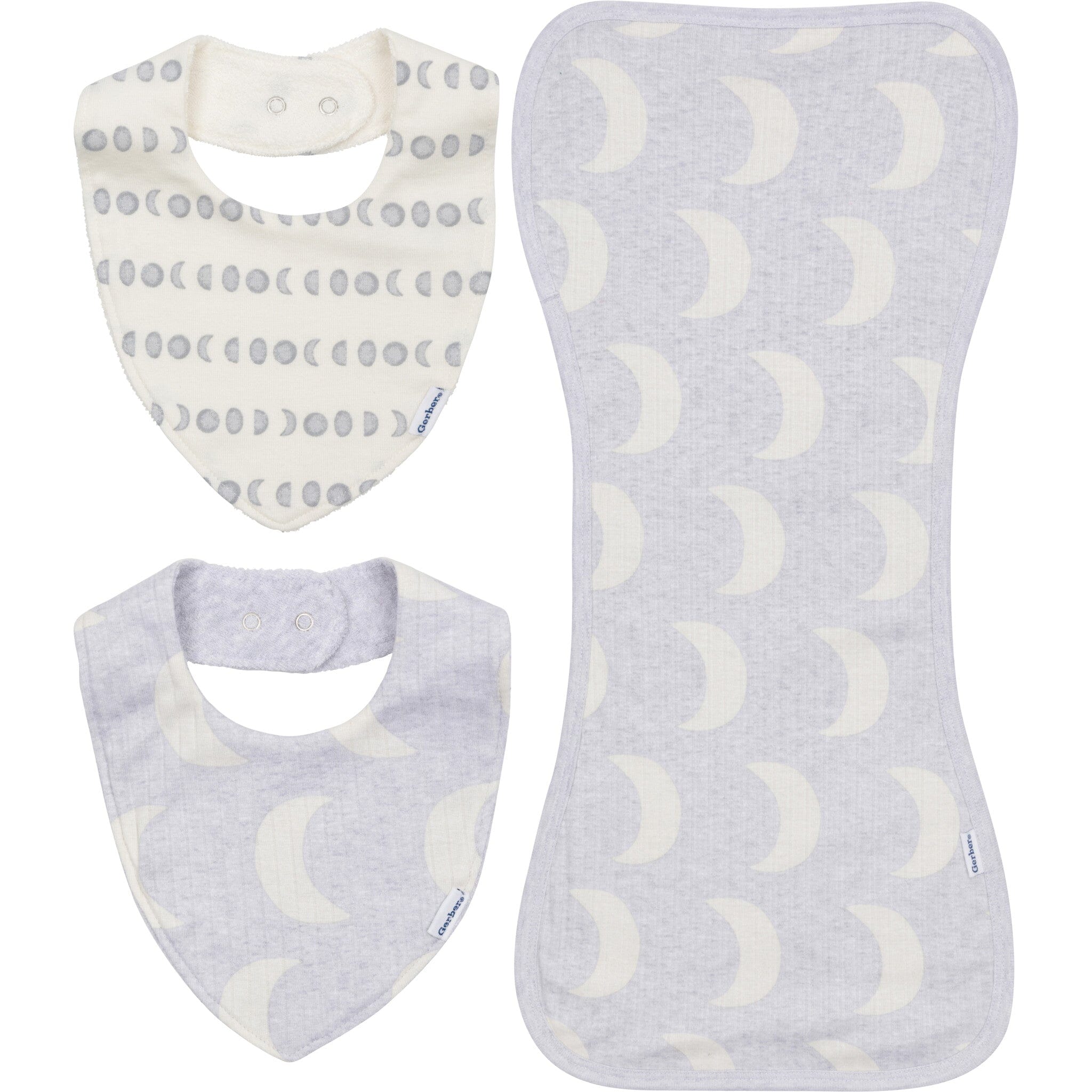3-Piece Baby Neutral Grey Moons Bandana Bib & Burpcloth Set