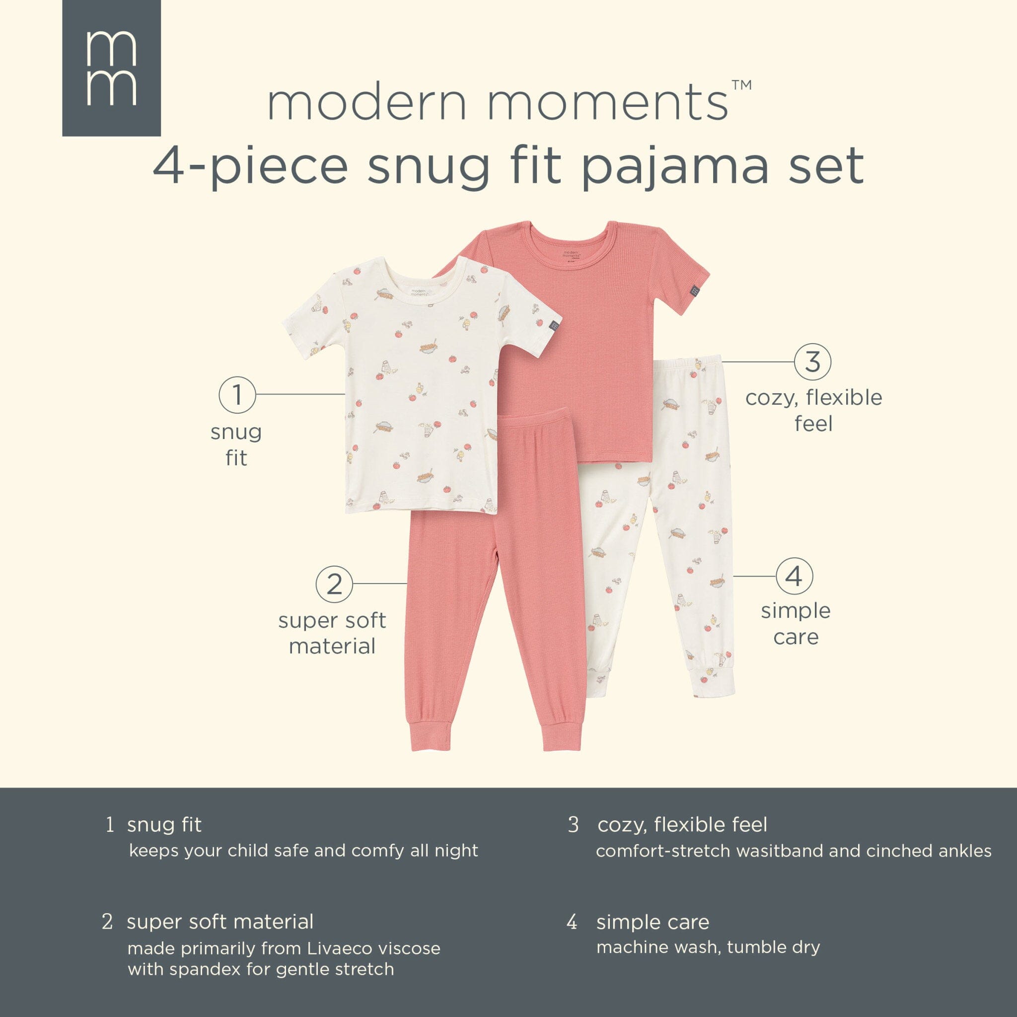 4-Piece Infant & Toddler Neutral Pasta Dinner Viscose Snug Fitting Pajamas - Image 11