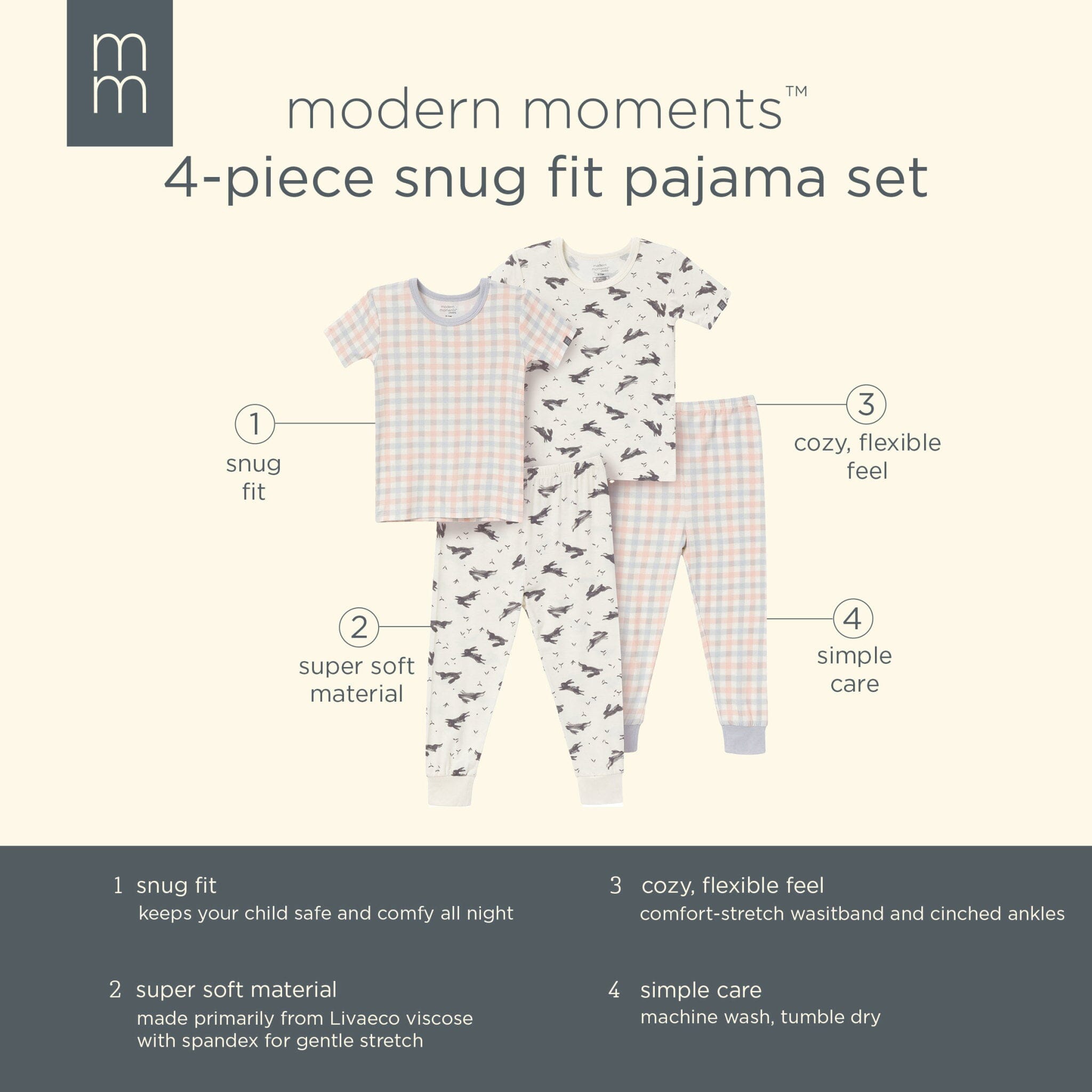 4-Piece Infant & Toddler Neutral Blue Plaid Viscose Snug Fitting Pajamas - Image 15