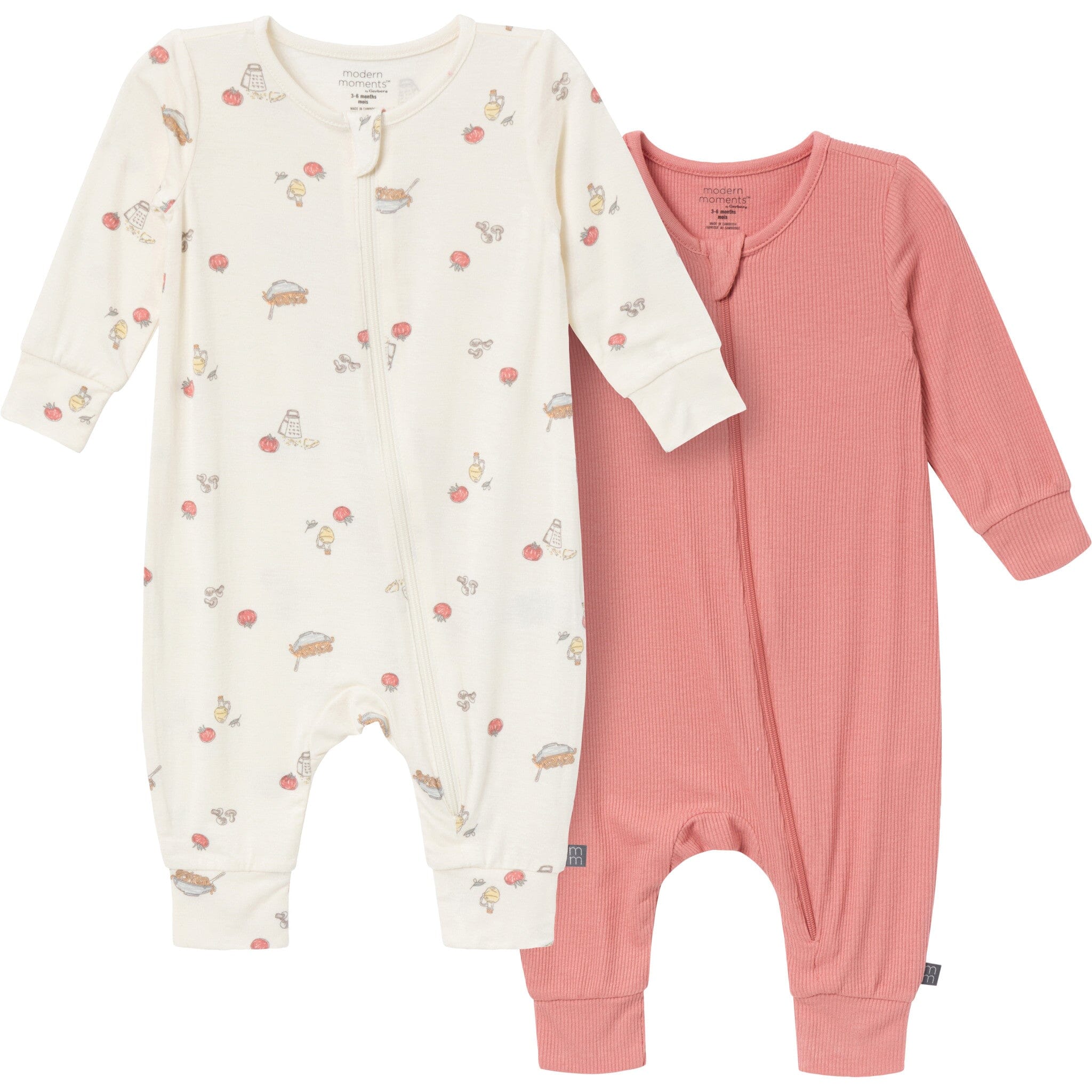 2-Pack Baby Neutral Pasta Dinner Zip Front Viscose Rompers