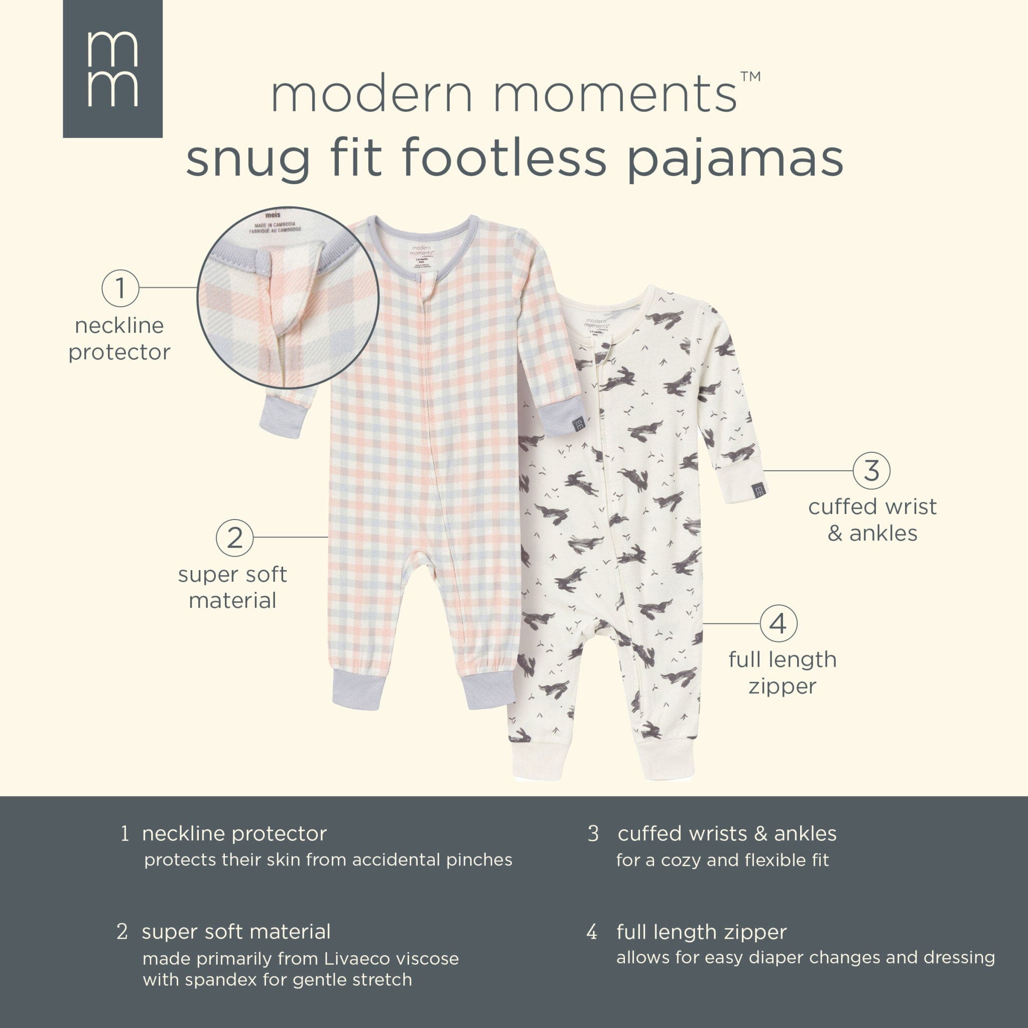 2-Pack Baby & Toddler Neutral Blue Plaid Viscose Snug Fitting Footless Pajamas - Image 13