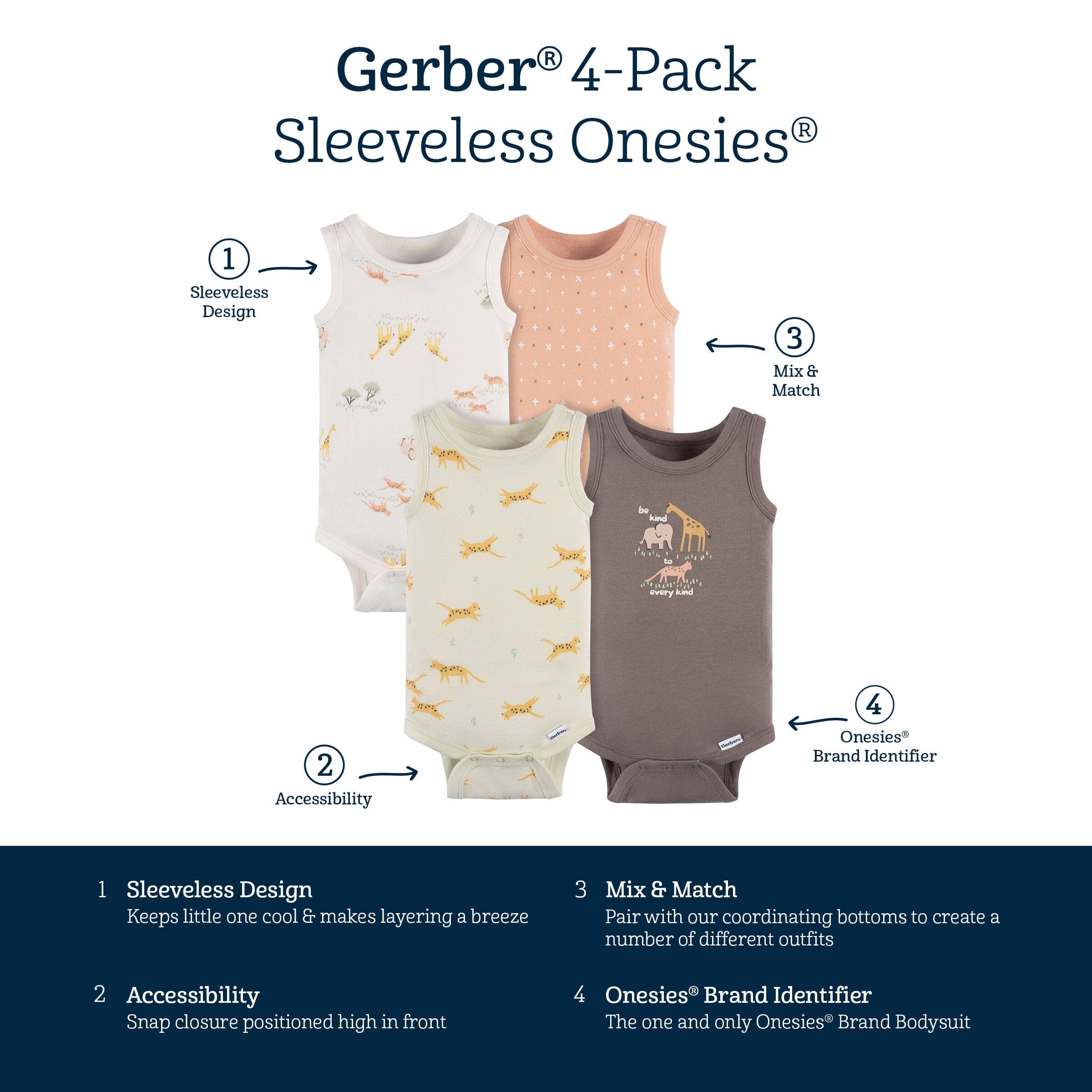 4-Pack Baby Neutral Ivory Safari Sleeveless Onesies® Bodysuits - Image 9