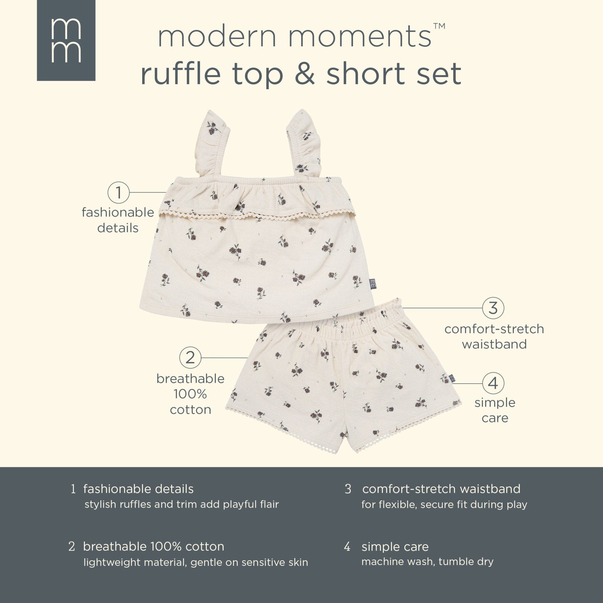 2-Piece Infant & Toddler Girls Beige Floral Top and Shorts Set - Image 9