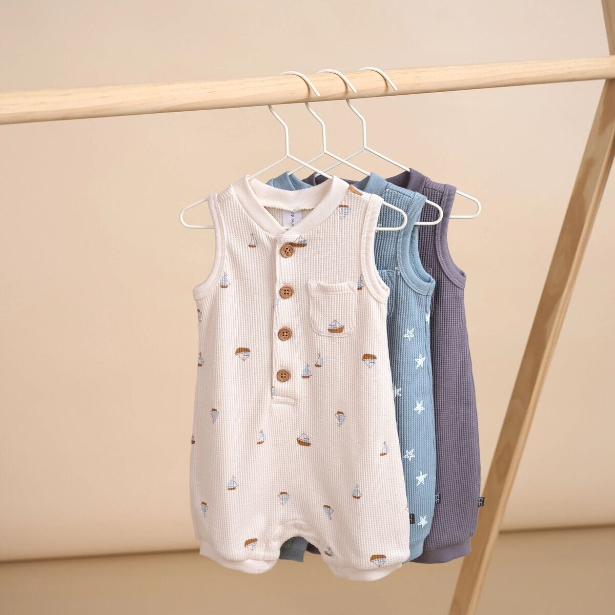 Baby Boys Beige Sailboat Sleeveless Romper - Image 5