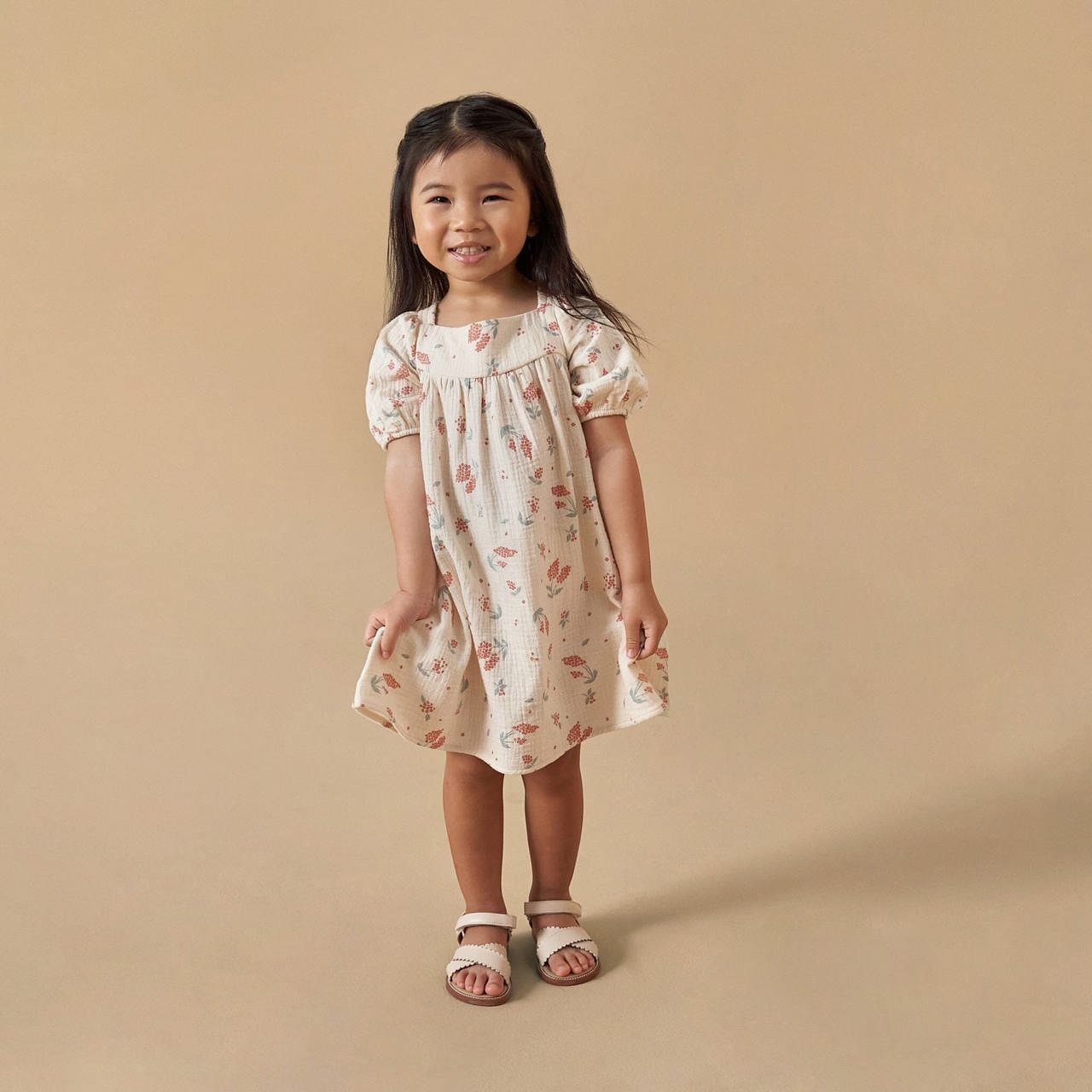 Infant & Toddler Girls Beige Tossed Lavender Puff Sleeve Dress - Image 2